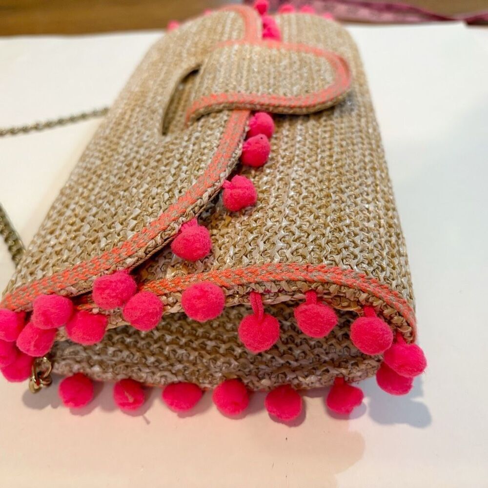 Sondra Roberts Raffia Wicker Handbag Pom Pom - Picture 5 of 6